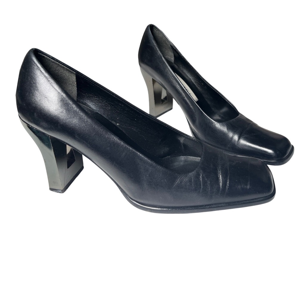 Black Leather Block Heel Pumps Cut-Out Metallic Heel Y2K Statement‎ Shoes